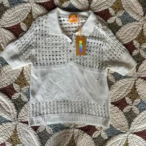 WISPR Pointelle Cotton-Blend Crochet White polo top NWT size M